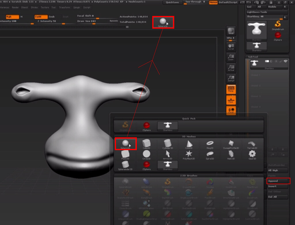 how to insert or append two spheres in zbrush