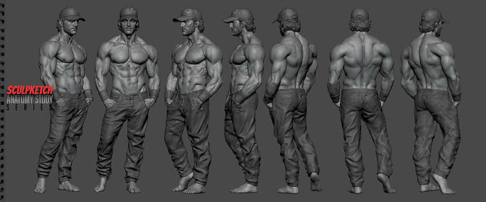 MaleAnatomyStudyPage01_ZbrushRenders_LineUp_All