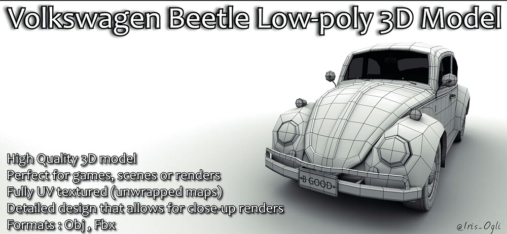 Volkswagen Beetle Low Poly 3D Model - iris ogli