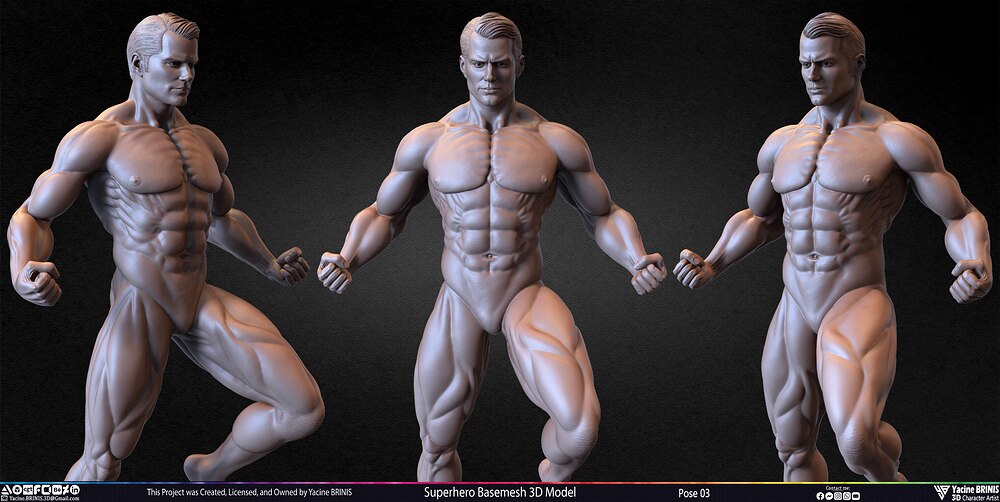 SuperHero Basemesh 3D Model Pose 03 Superman - Henry Kevill - Man of Steel-  Sculpted by Yacine BRINIS Set 003