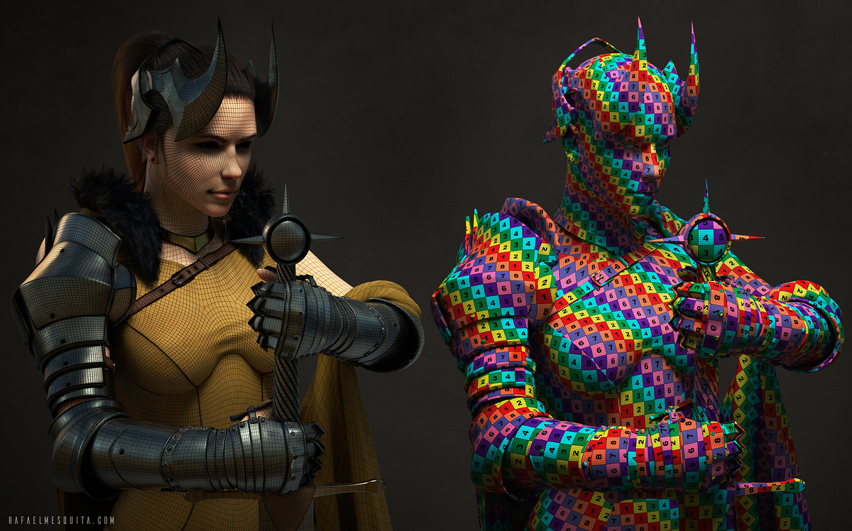 Rafael_Mesquita_Female_Knight_Wireframe_Uv_Checker