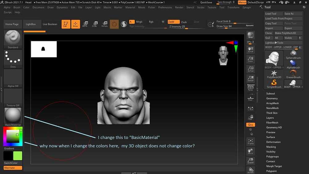 why cannot change color of main 3d object