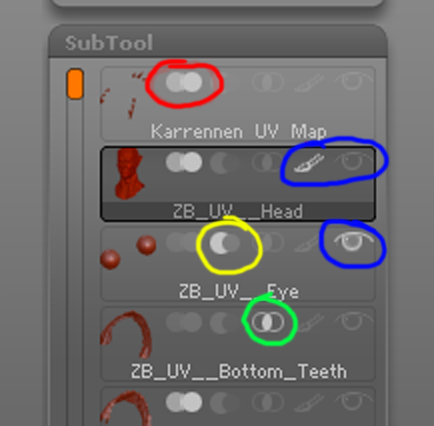 how does the icons work in trhe subtools in zbrush