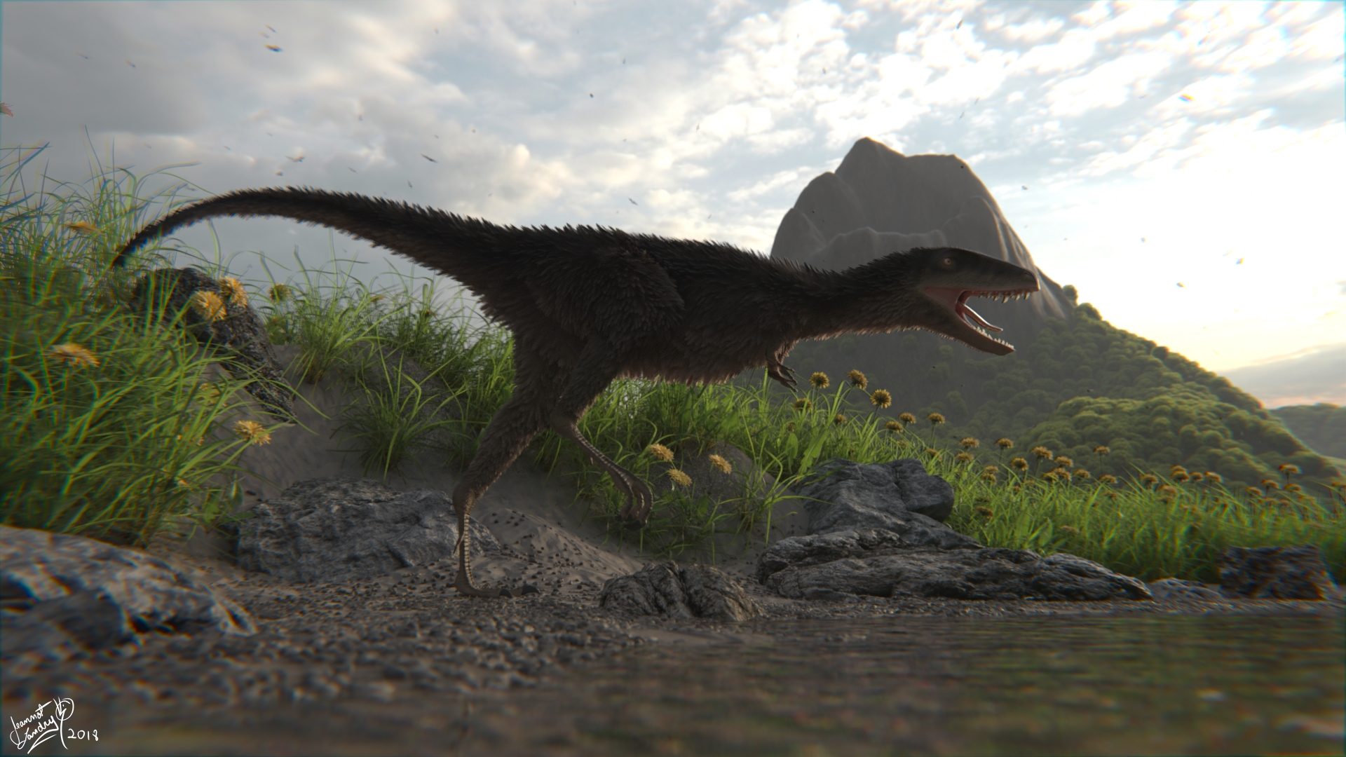 FinalSceneVolcano_wFeatheredRaptorex_Bugs.jpg