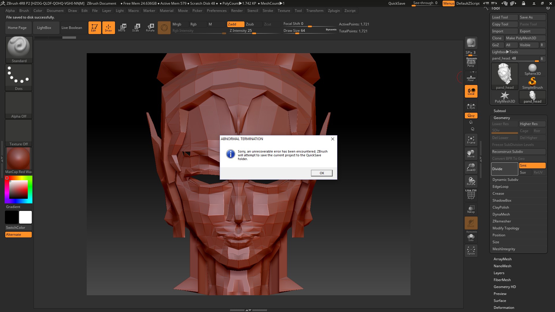 zbrush crash on quicksave