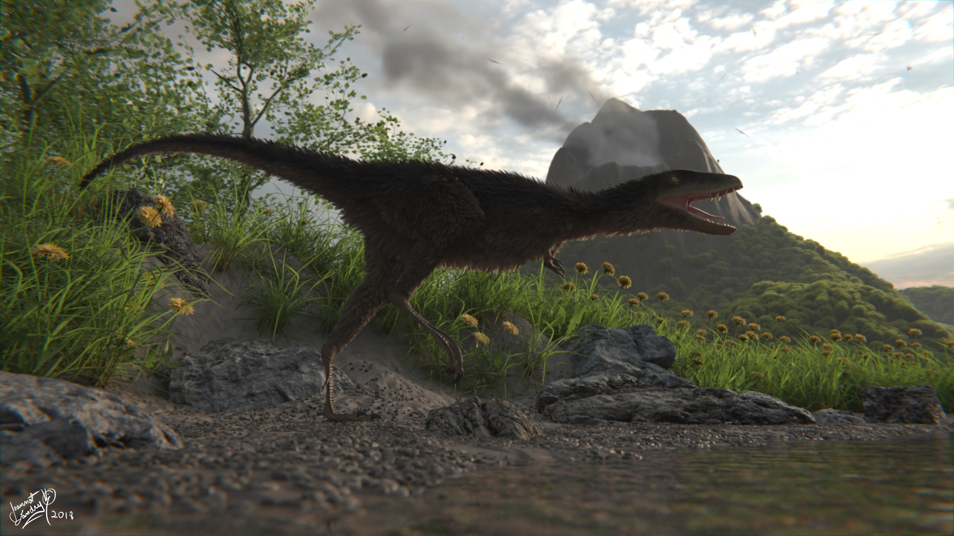 FinalSceneVolcanoSmoking_wFeatheredRaptorex_Bugs_Ntrees_wComp.jpg