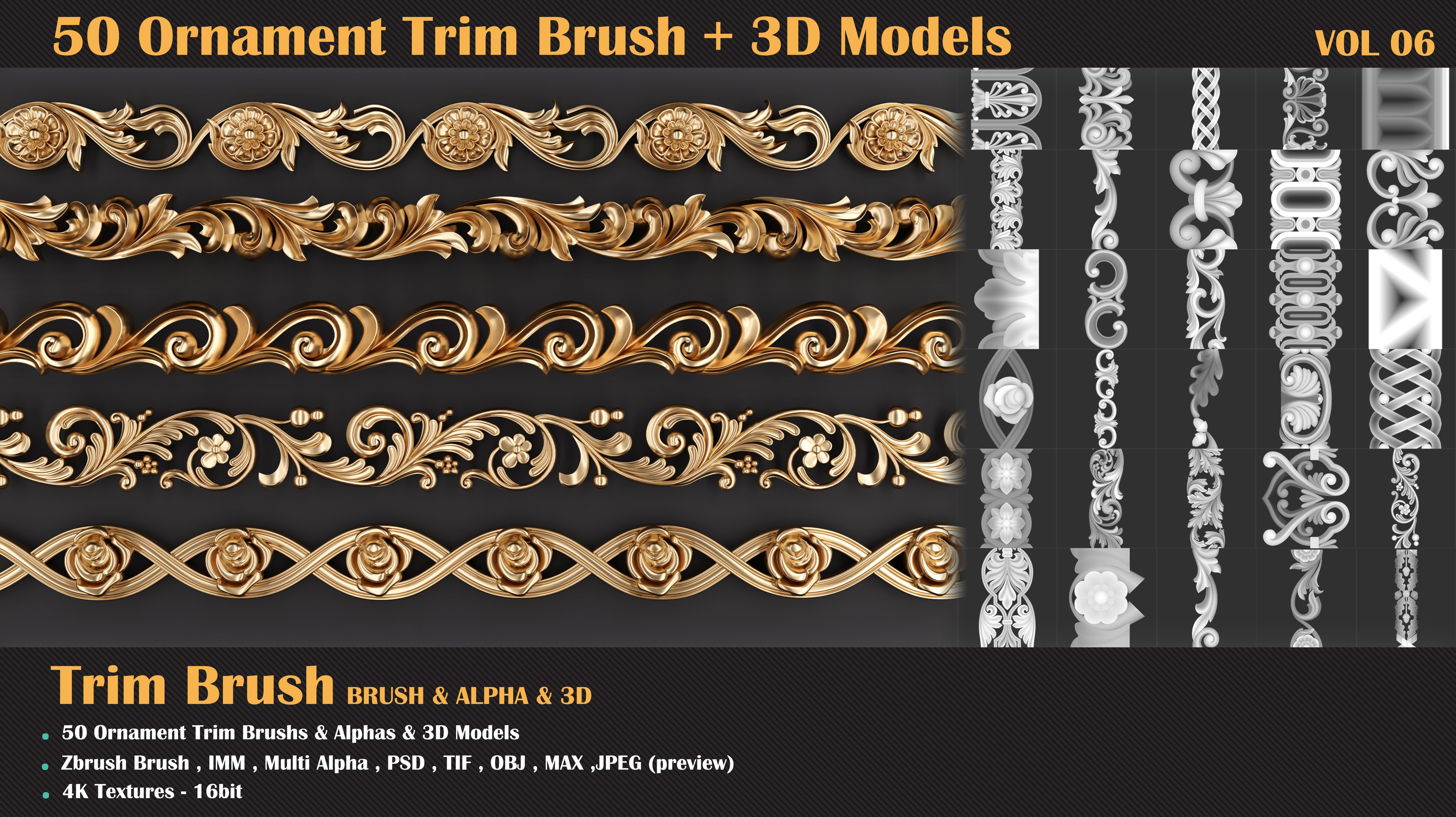 50 Ornament Trim Brush + 3DModel VOL 06 ZBrushCentral