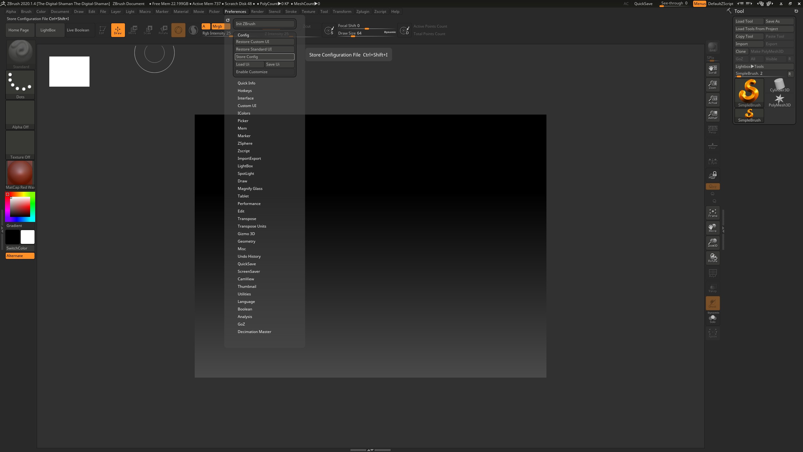 store canvas setting in zbrush