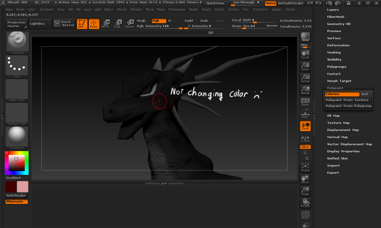 Issue with recoloring with polypaint ZBrushCentral