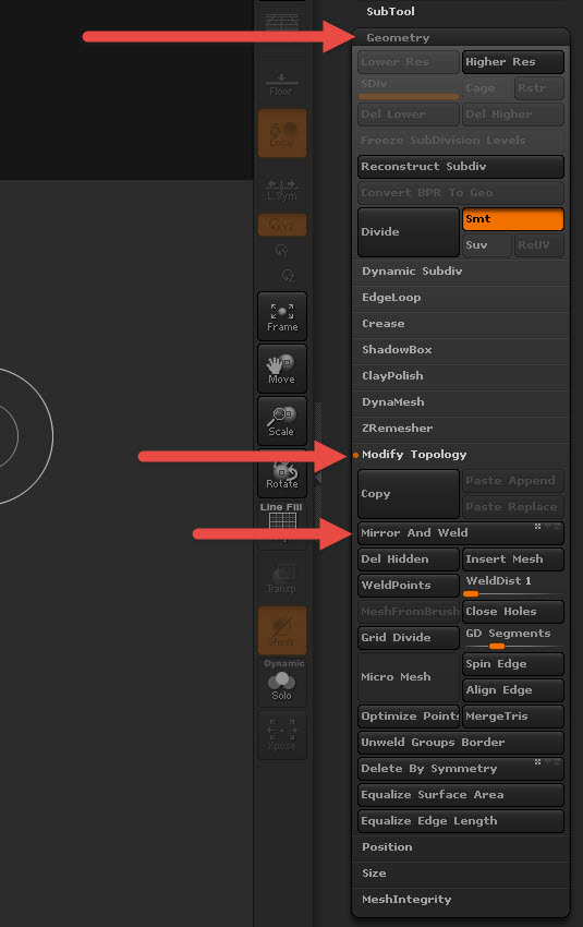 how to use modify topology in zbrush