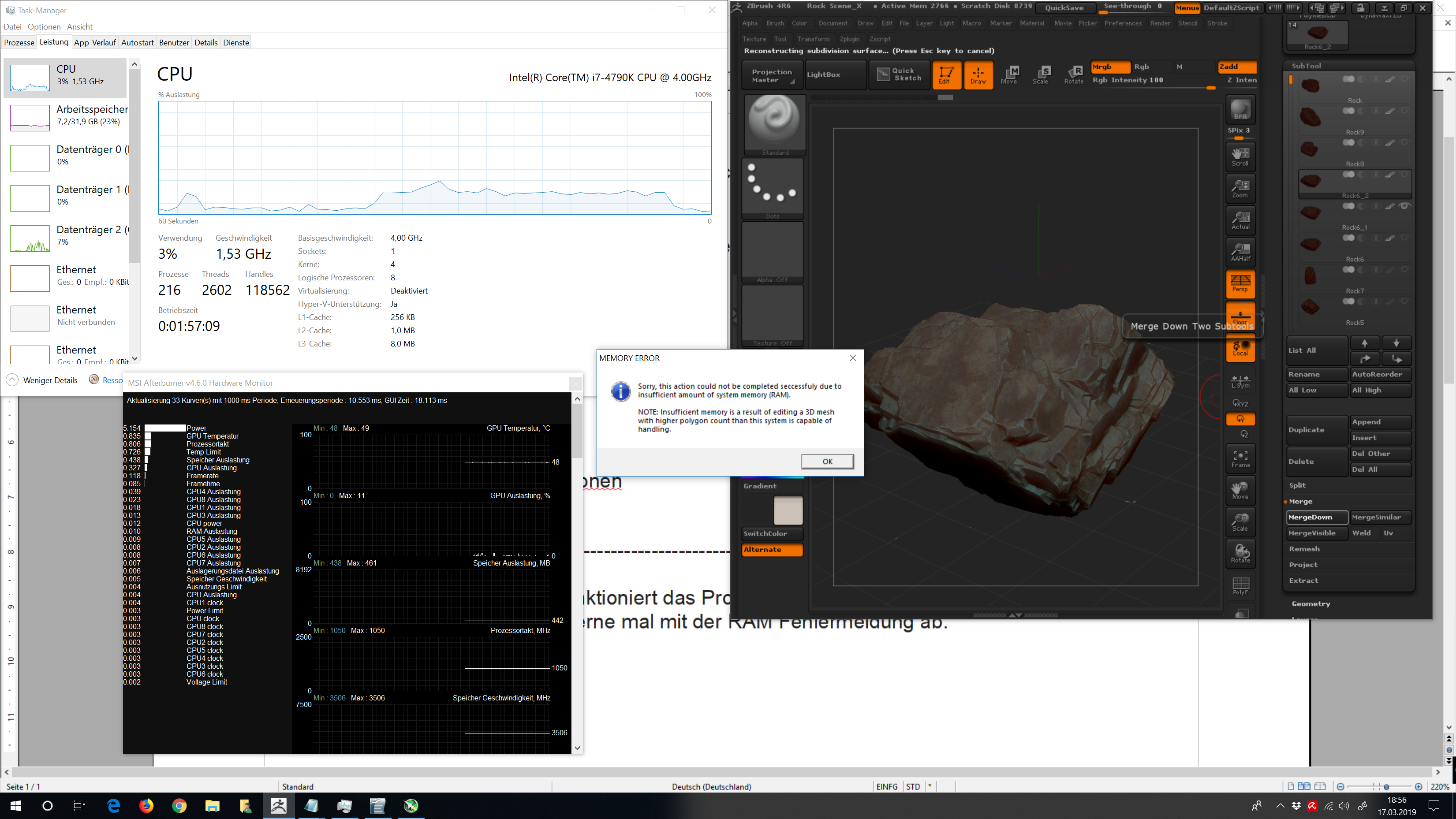 every action in zbrush increases used ram by 400 mb